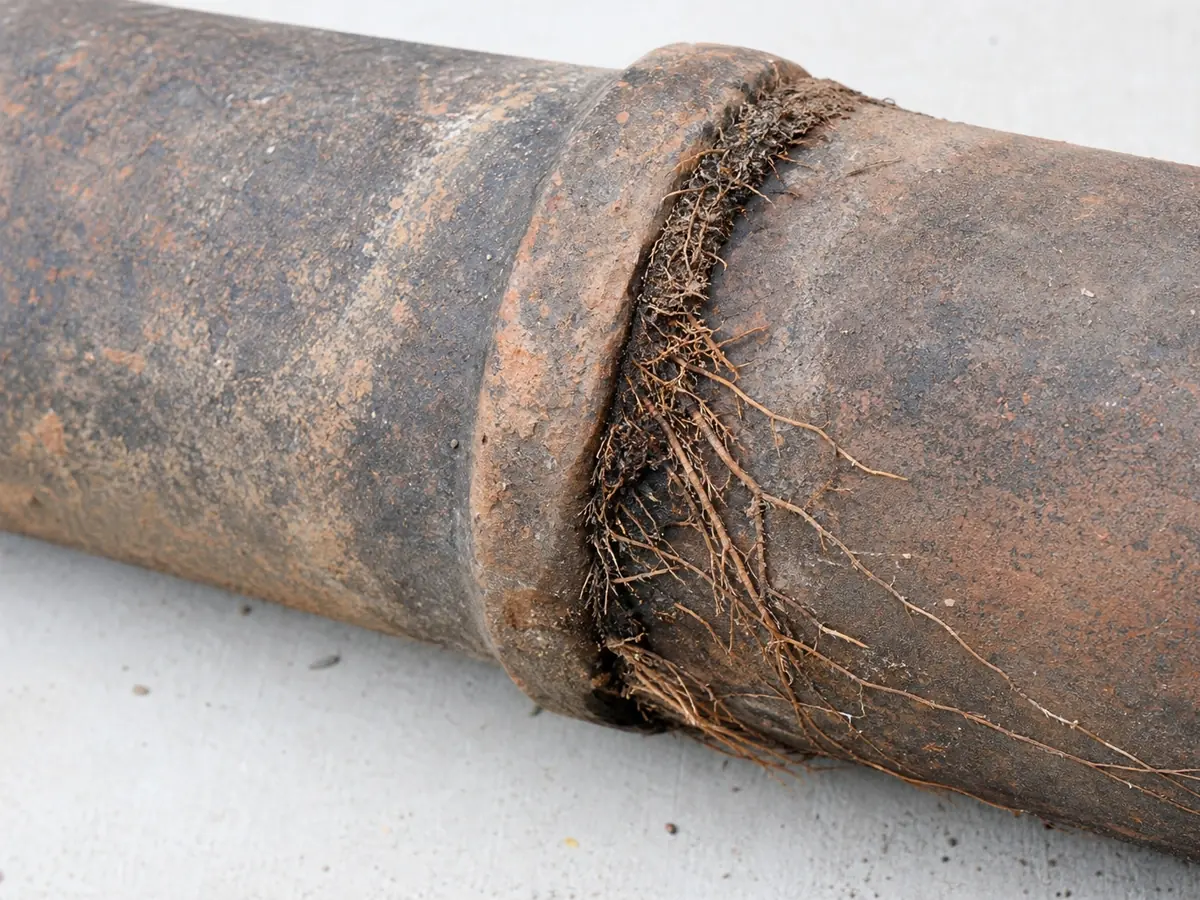 A close-up of an aging sewer pipe with a mat of fine tree roots growing out of the gap at its joint, showing how roots enter through a seal that has already failed rather than breaking the pipe.