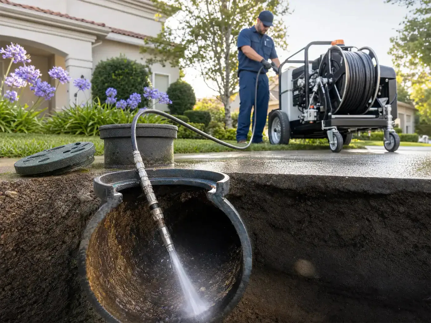 Prodigy Sewer and Drain worker clears a home sewer pipe using strong water jets to keep plumbing safe and working well.