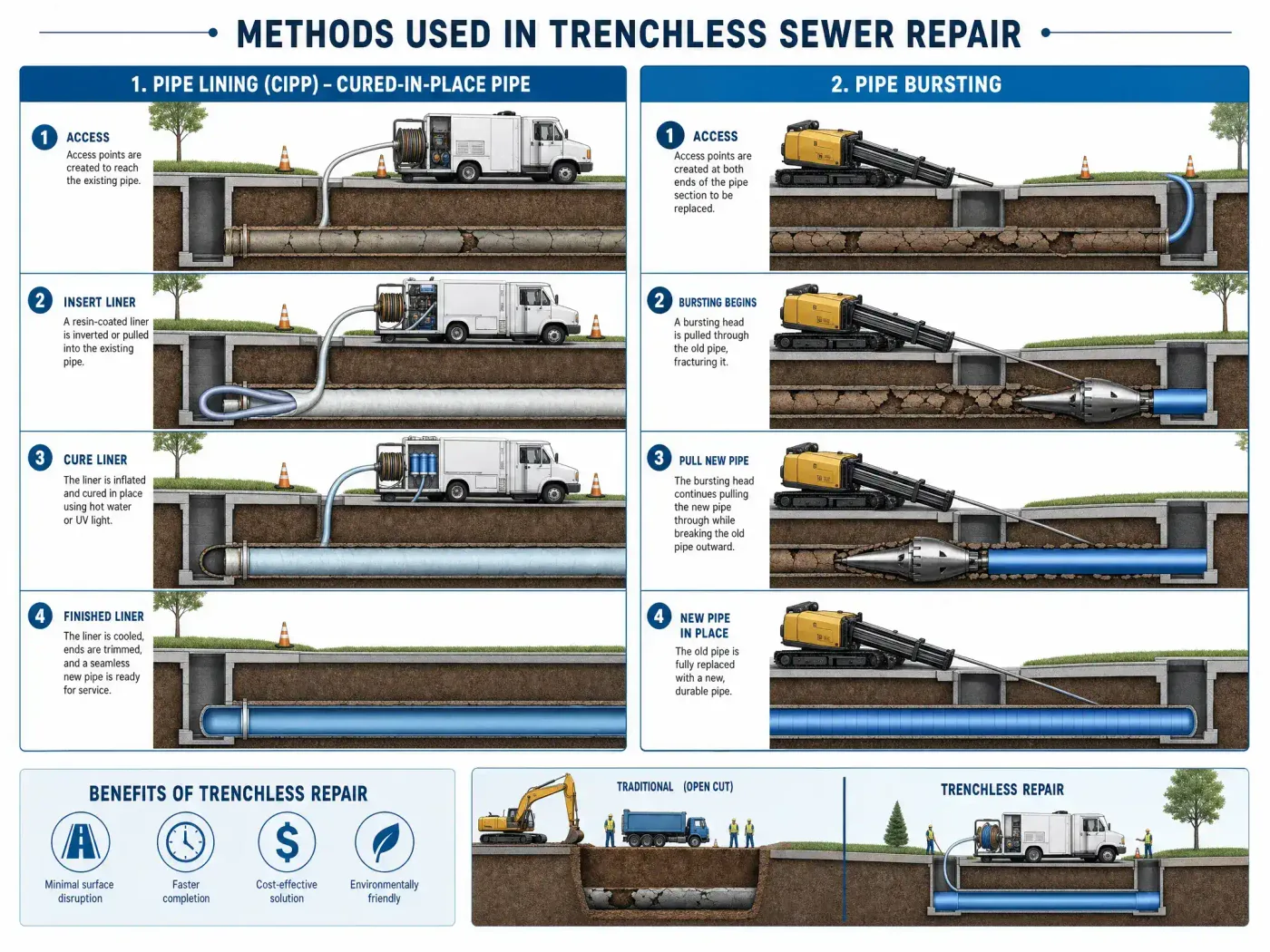 Prodigy Sewer and Drain explains pipe lining and pipe bursting trenchless repairs, comparing them to open-cut sewer repair methods.