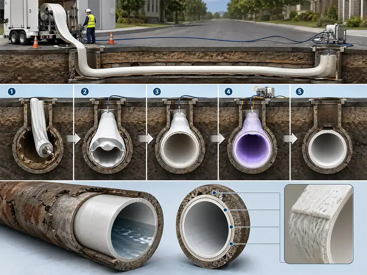 Prodigy Sewer and Drain’s trenchless repair fixes old pipes by adding a cured liner inside, creating a new smooth inner pipe.