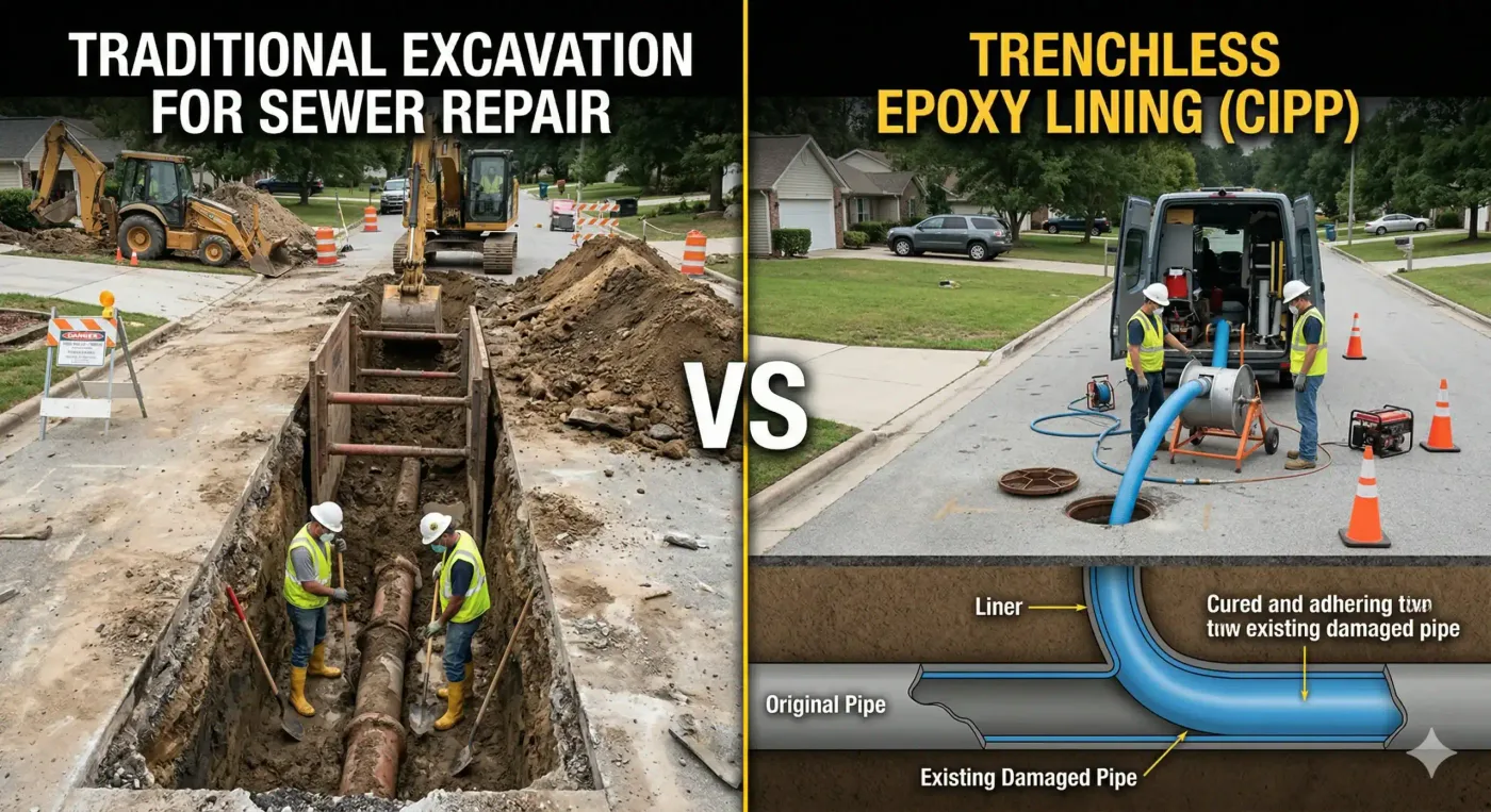 Prodigy Sewer and Drain compares old trench digging to easier epoxy pipe repair with less yard damage and faster work.