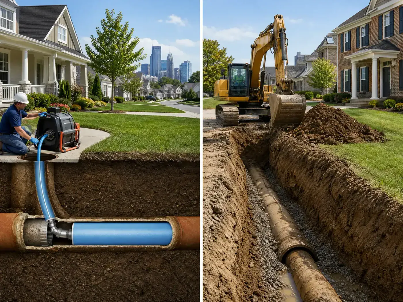 Prodigy Sewer and Drain shows no-dig pipe repair vs. old way with big trenches under a street.