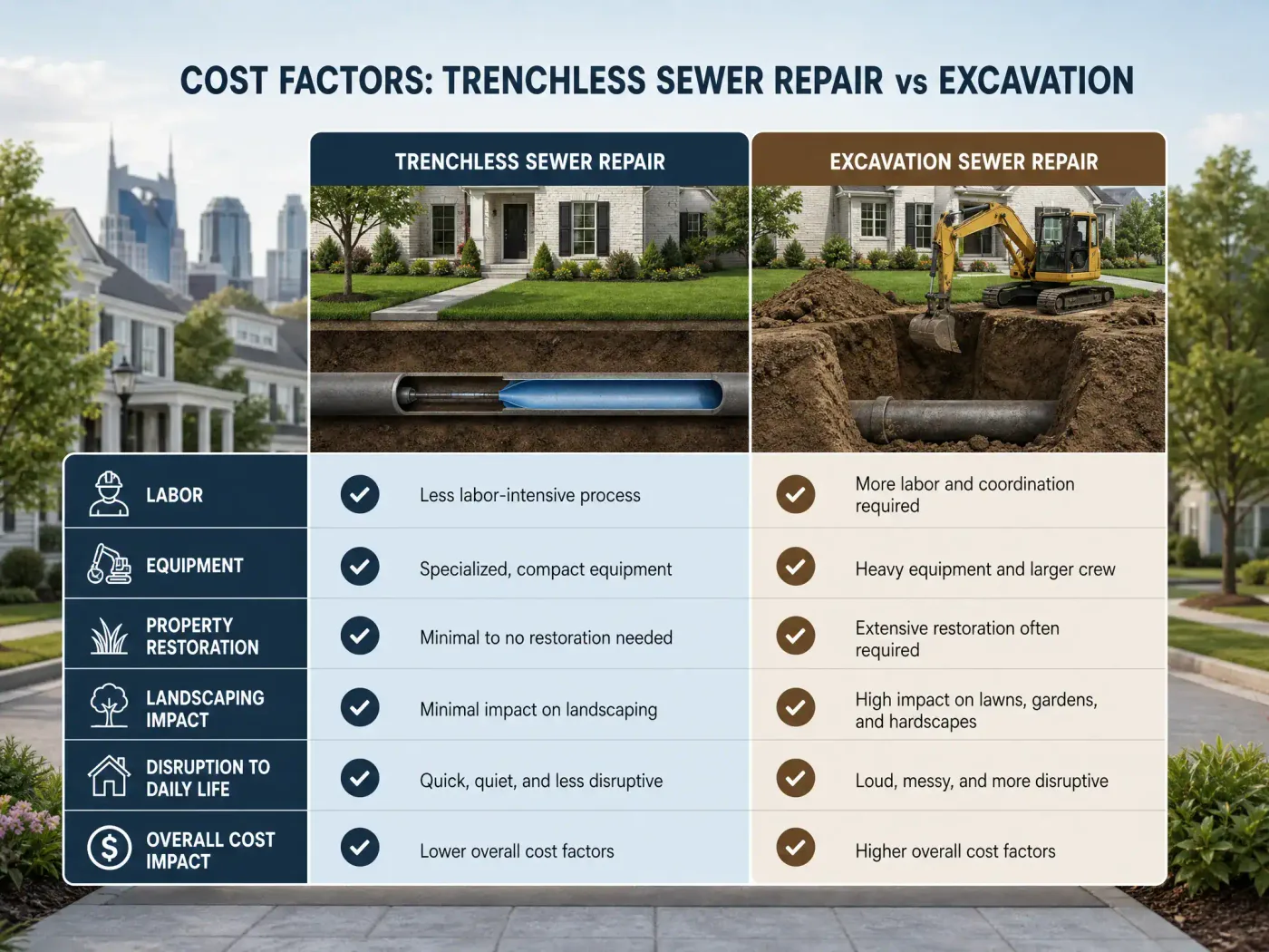 Prodigy Sewer and Drain comparison: trenchless repair is less invasive, causes less damage, and costs less than excavation.