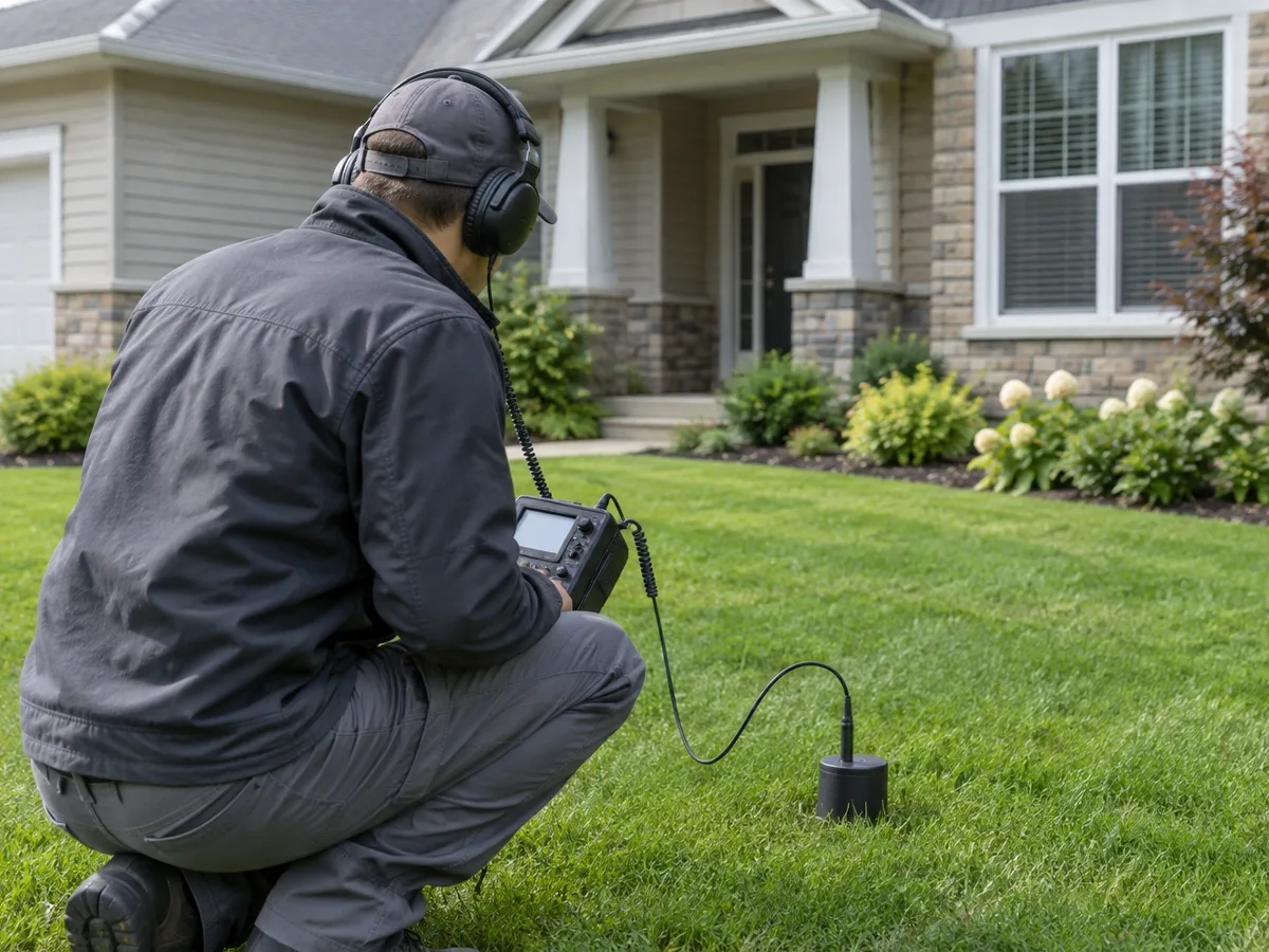 A technician kneeling on a front lawn wearing headphones, holding an acoustic receiver cabled to a ground microphone set on the grass, with the house behind him.