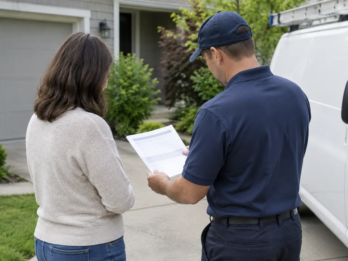 A technician and a homeowner standing beside a service van in a driveway, reading through a printed cost estimate together.