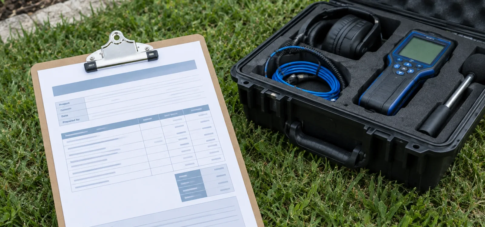 A clipboard holding a printed cost estimate resting on a lawn beside an open hard case of acoustic leak detection equipment: headphones, a coiled cable, a handheld receiver and a ground microphone.
