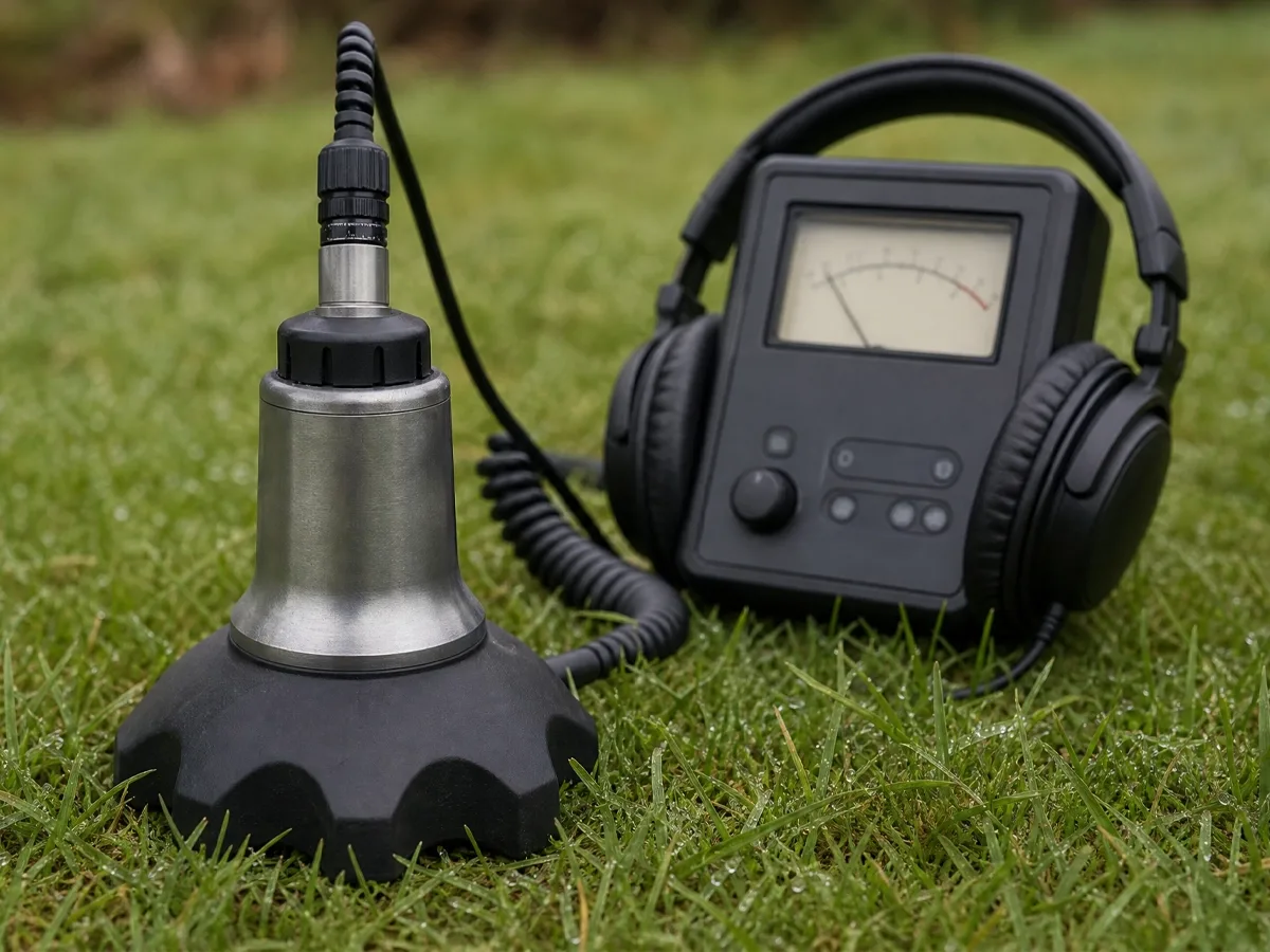 Acoustic leak detection equipment resting on grass: a metal ground microphone on its rubber base, cabled to a receiver with an analogue level meter and noise-cancelling headphones.