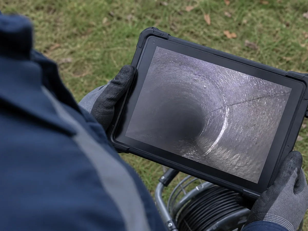 A technician holding a rugged tablet that shows live camera footage from inside a pipe, with the camera reel on the ground beside him.